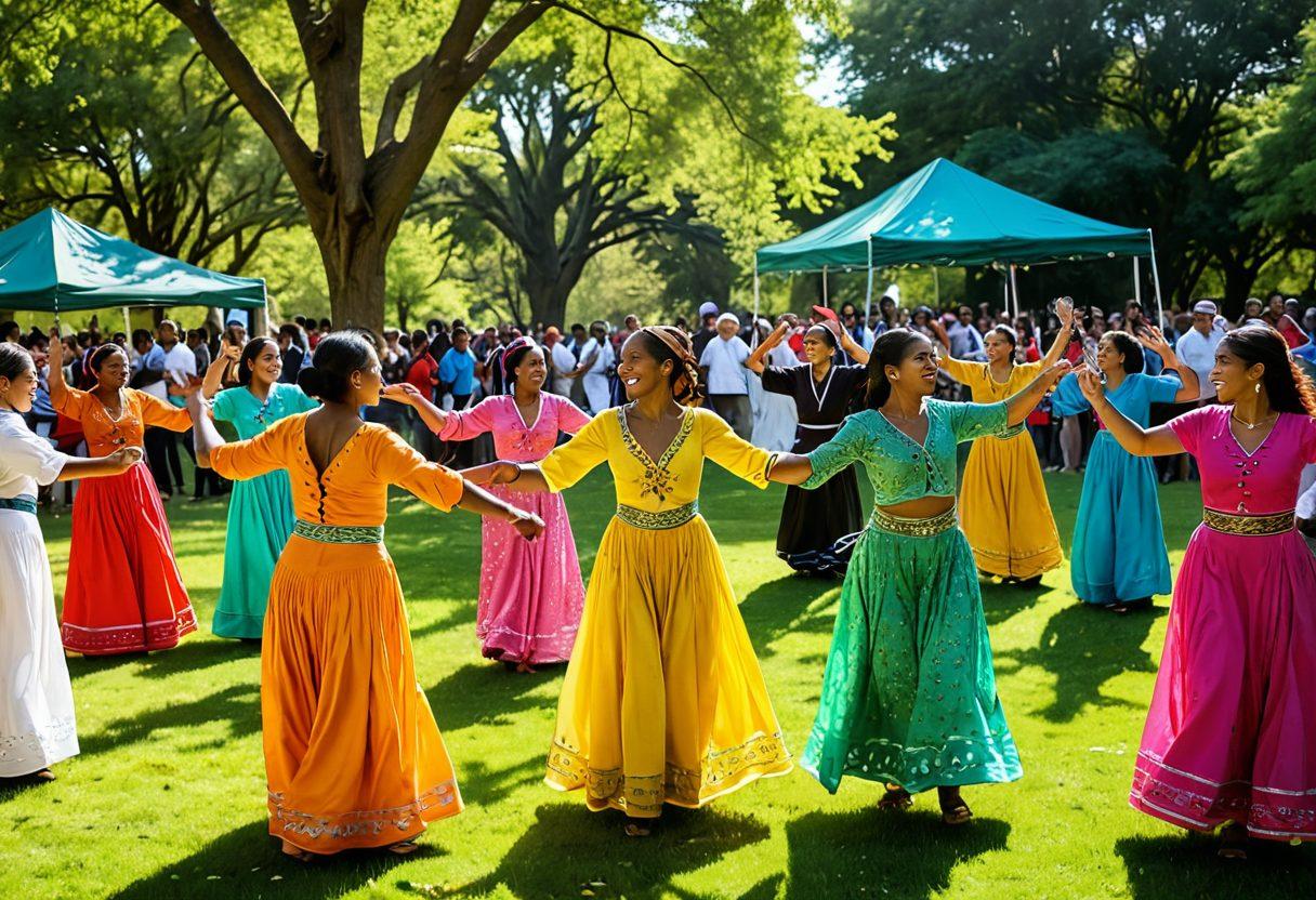 A vibrant community gathering in a park, showcasing diverse individuals sharing cultural traditions, laughter, and engaging in group activities like traditional dance and storytelling. Include colorful banners representing Hibb culture and a backdrop of lush trees. Emphasize warmth, inclusivity, and connection among people. super-realistic. vibrant colors. lively atmosphere.