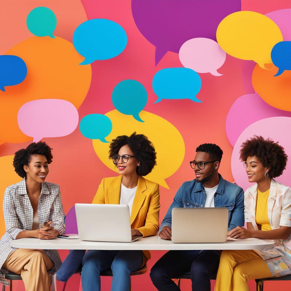 A collage of diverse people engaging in animated discussions, with thought bubbles showcasing trendy topics like technology, fashion, and sustainability. Incorporate vibrant colors and modern aesthetics, highlighting a digital connection through laptops and mobile devices. Create a backdrop of abstract shapes symbolizing dynamic trends. The scene should evoke a sense of community and excitement around contemporary issues. super-realistic. vibrant colors. digital art.