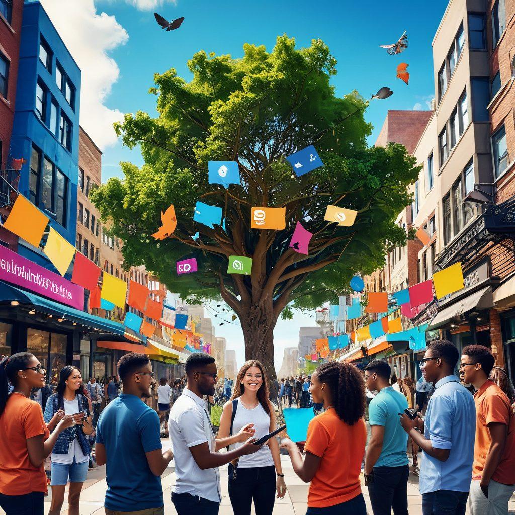 A vibrant community scene showcasing diverse individuals engaged in lively discussions, surrounded by colorful banners and tech elements representing trends and insights. Include visuals of digital devices and social media icons to symbolize connections. The background should be a blend of urban and natural elements to reflect the Hibb community's essence. super-realistic. vibrant colors. 3D.